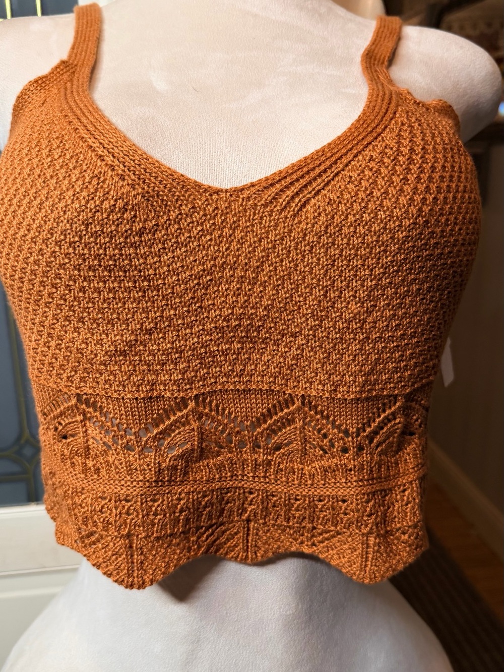NWT Ultra Flirt Rust Knit Crop Tank L Y2K Boho Pointelle Scalloped Hem Crochet